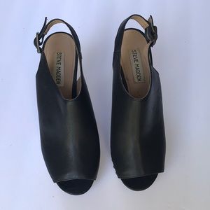 Steve Madden womens black leather w wood wedge